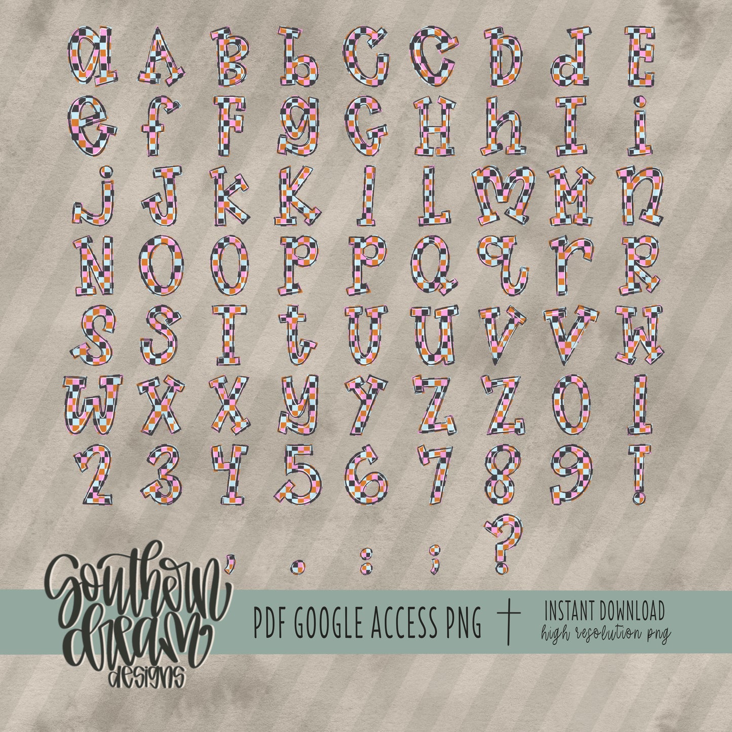 Spooky Daisy and Checks Doodle Alpha (3 Sets Uppercase, Lowercase, 0-9, Special Characters)