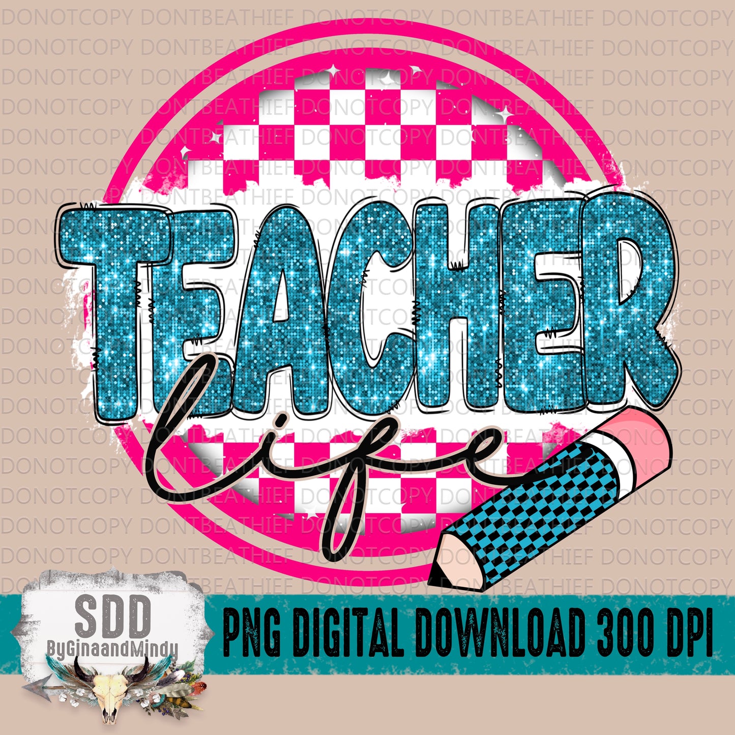 Teacher Life Checkered Pink & Teal