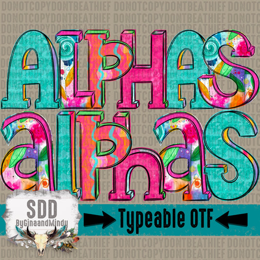 Watercolor Whimsy Doodle Block Alpha Typeable OTF (4 Sets Uppercase, Lowercase, 0-9, + Special Characters)