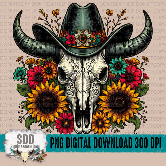 Western Sunflower Floral Bull Skull