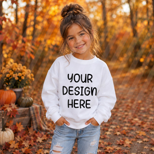 Youth Girl White Crewneck Fall Digital Mockup