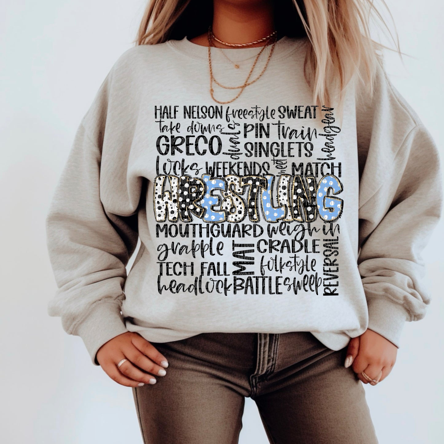 Wrestling Doodle Word Art (Columbia Blue and Blk) Bundle